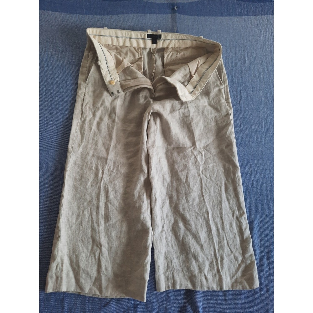 J.Crew Womens 12 Beige Herringbone Pure Linen Wide Leg Cropped Pants Trousers